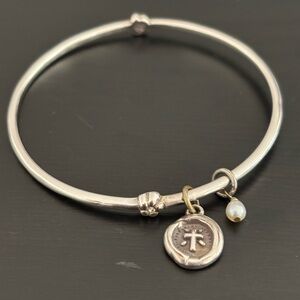 Brighton Cross Faith Charm with Pearl Crystals Silver Bangle Bracelet